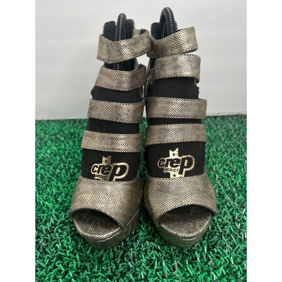 Qupid Womens Gold Strappy Peep Toe Stiletto Heels Sandals Size 8 High Back Zip - Picture 3 of 8